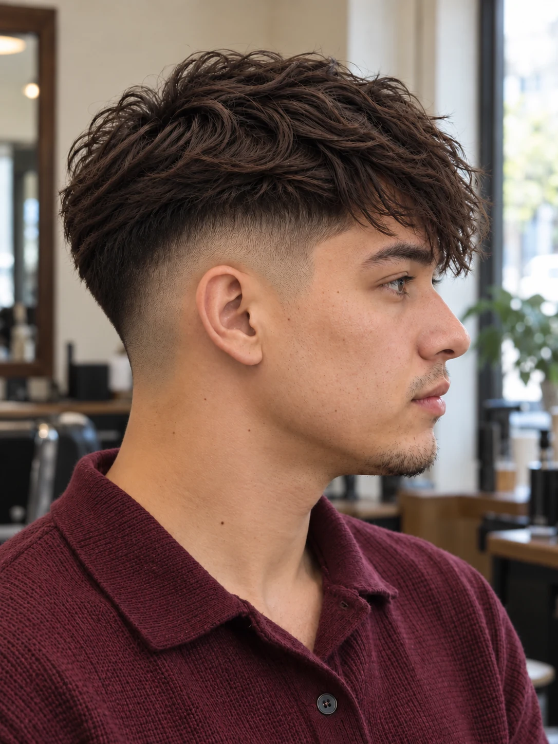 AI haircut concept: low drop fade with a diagonal broken fringe, opposite-side view.