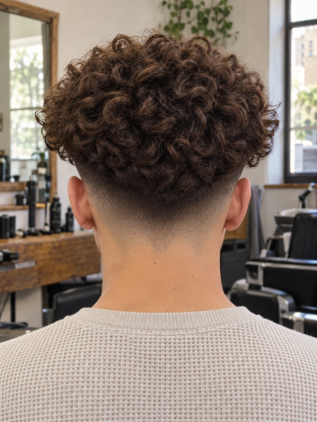 AI haircut concept: mid drop fade with a broad curly canopy, rear view.