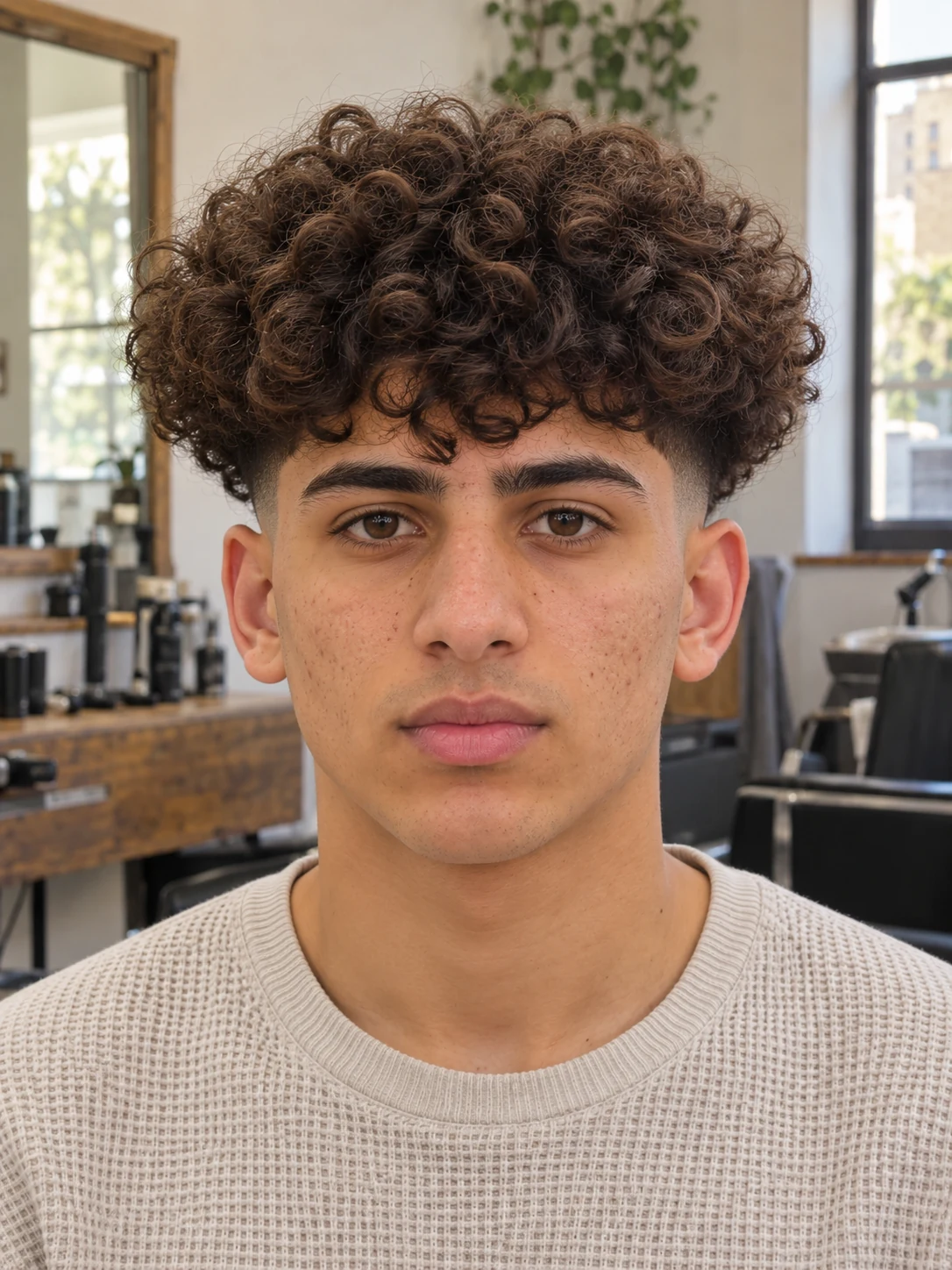 AI haircut concept: mid drop fade with a broad curly canopy, front view.