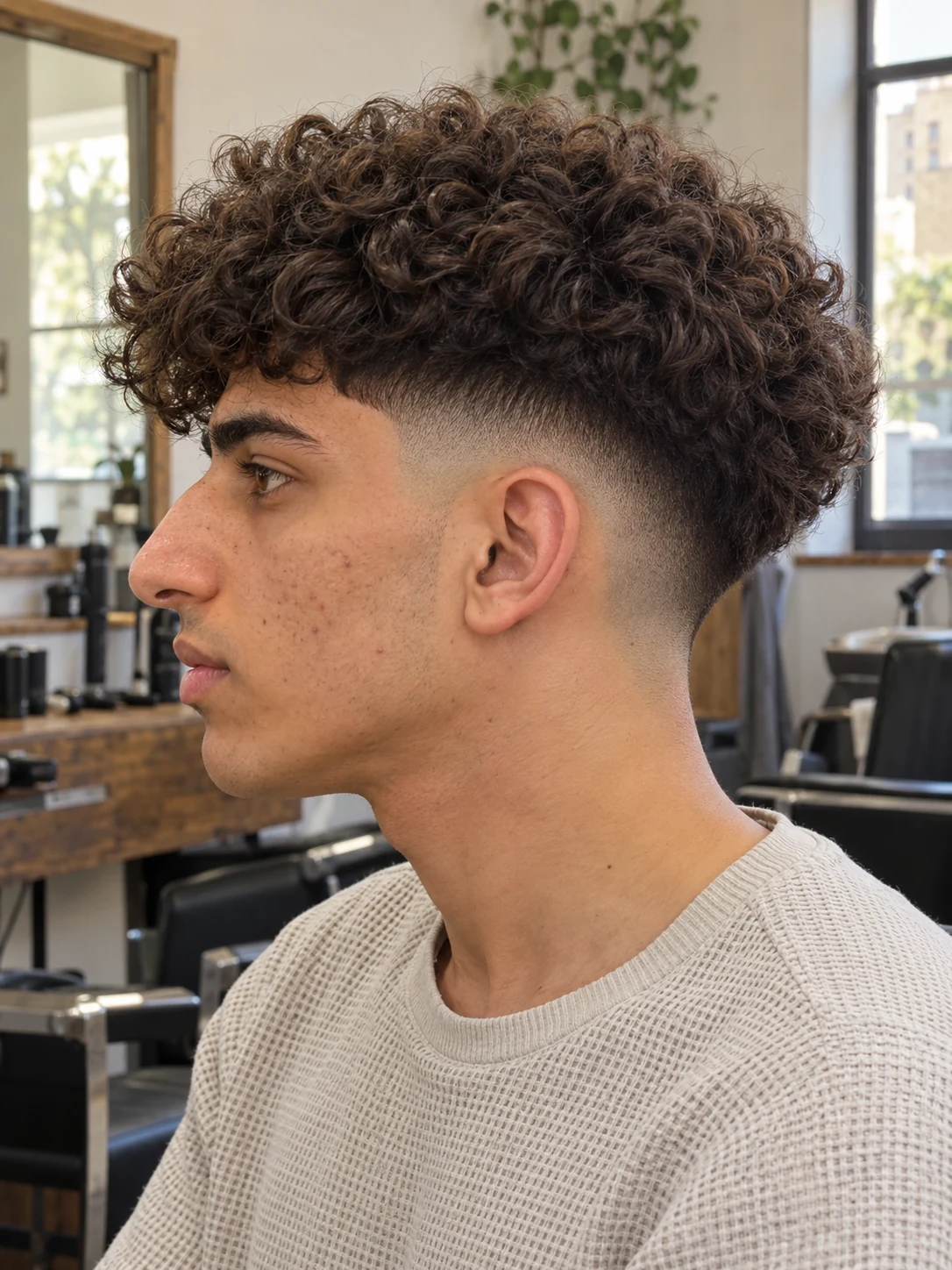 AI haircut concept: mid drop fade with a broad curly canopy, young adult left-side reference.