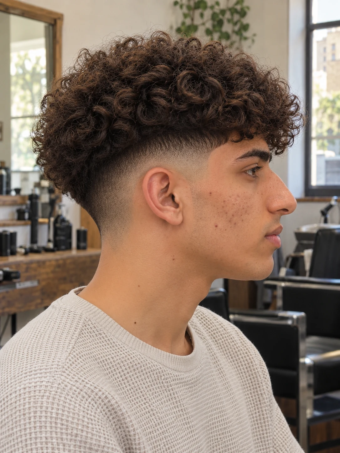 AI haircut concept: mid drop fade with a broad curly canopy, opposite-side view.