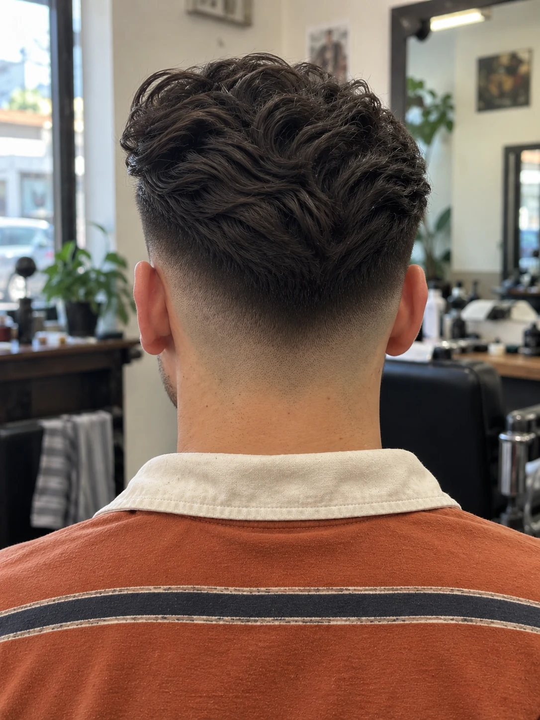 AI haircut concept: high drop fade with a tall rolled pompadour, rear view.