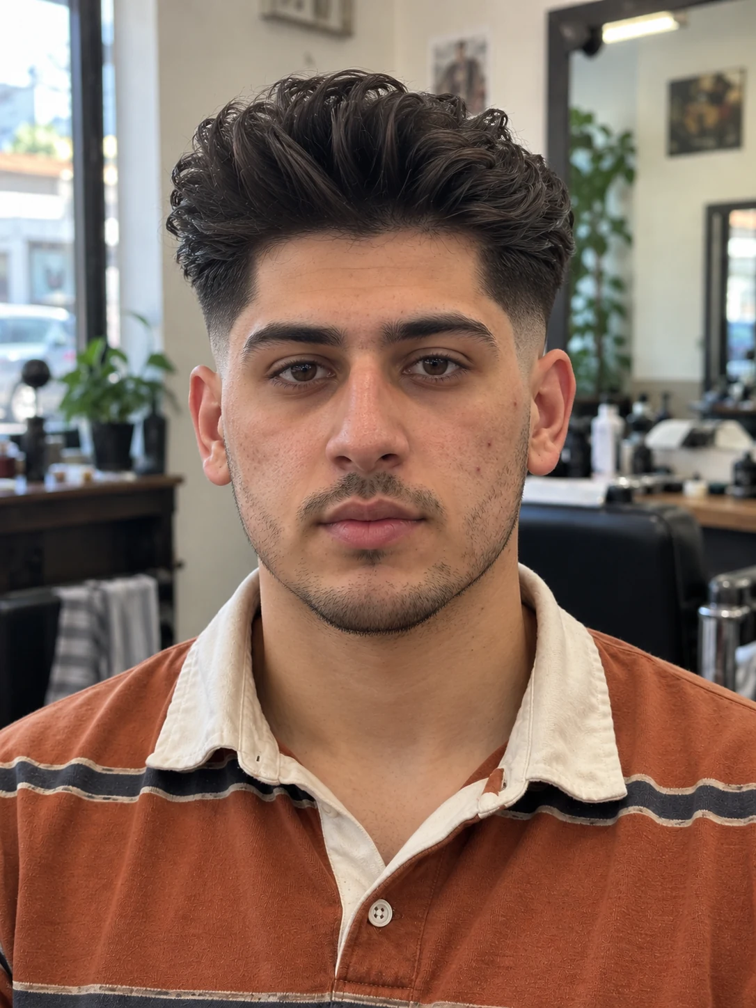 AI haircut concept: high drop fade with a tall rolled pompadour, front view.
