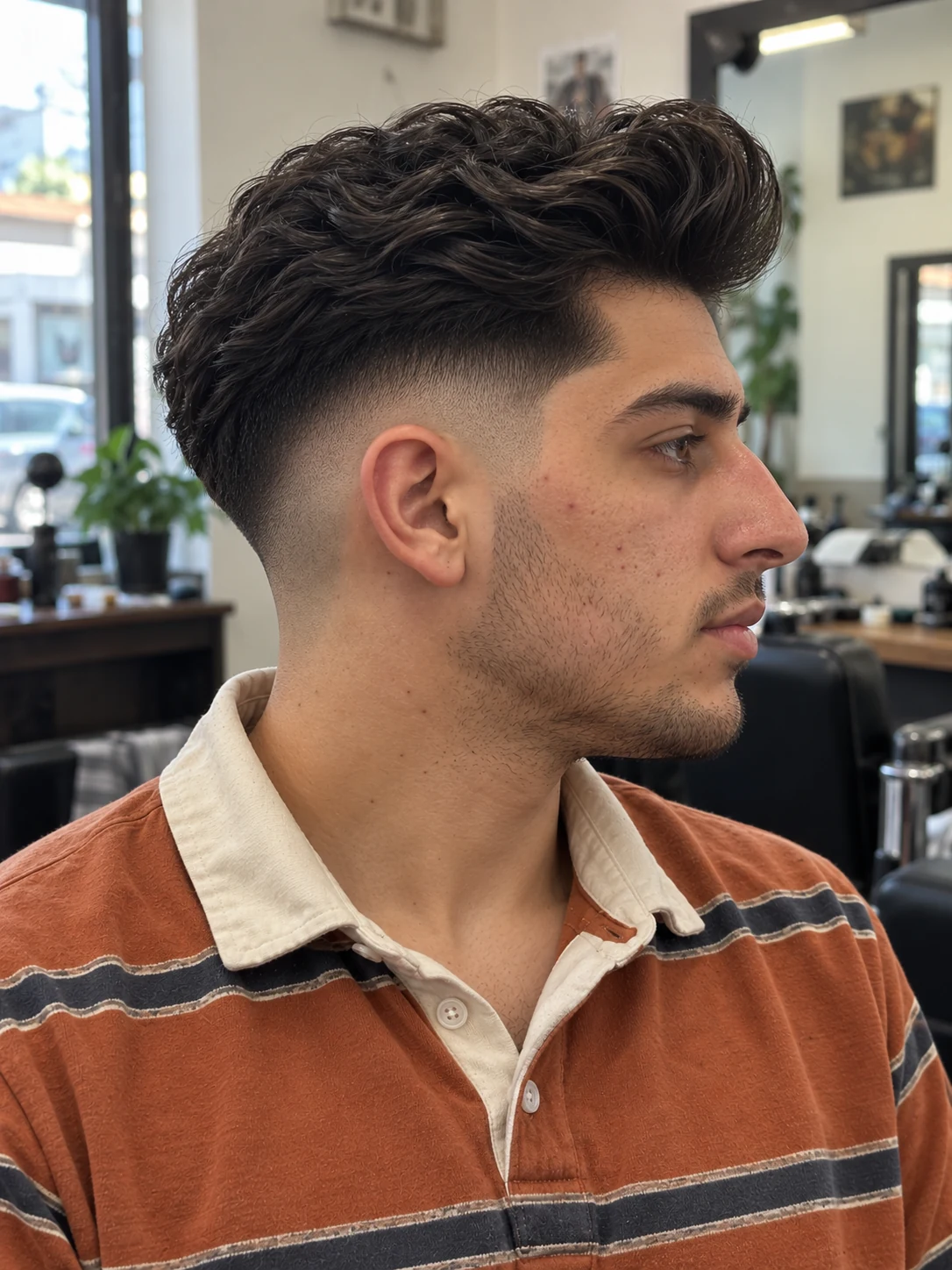 AI haircut concept: high drop fade with a tall rolled pompadour, opposite-side view.
