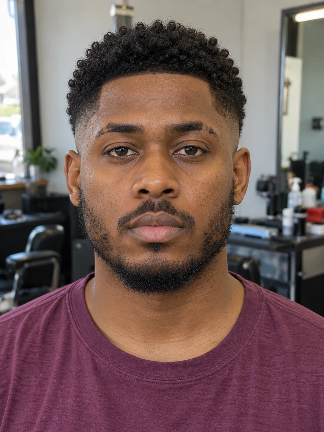 AI haircut concept: burst fade with a compact coily mohawk, front view.