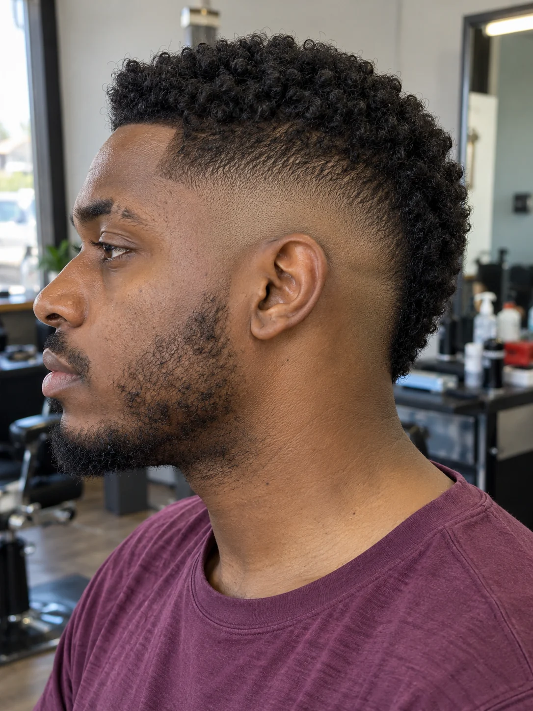 AI concept: burst fade with a compact coily mohawk, left-side near-profile view.