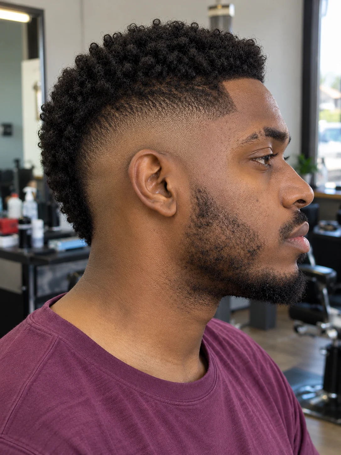 AI haircut concept: burst fade with a compact coily mohawk, opposite-side view.