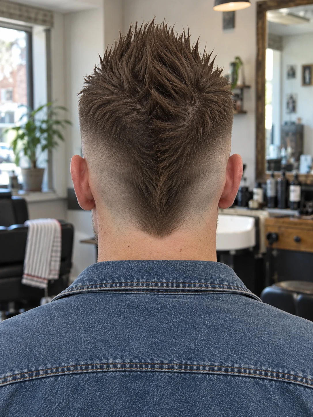 AI haircut concept: burst fade with an upright straight fan hawk, rear view.