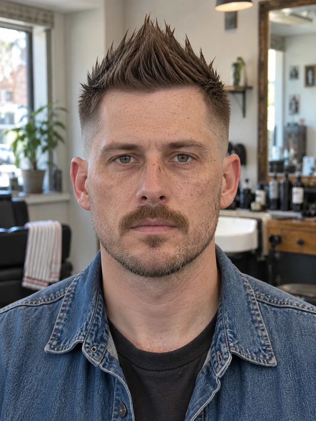 AI haircut concept: burst fade with an upright straight fan hawk, front view.