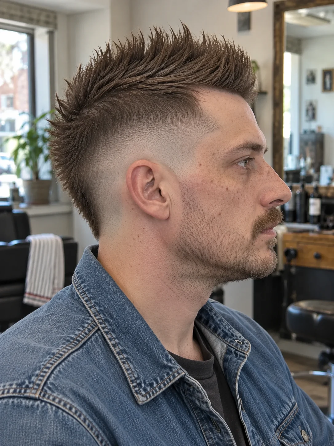 AI haircut concept: burst fade with an upright straight fan hawk, opposite-side view.