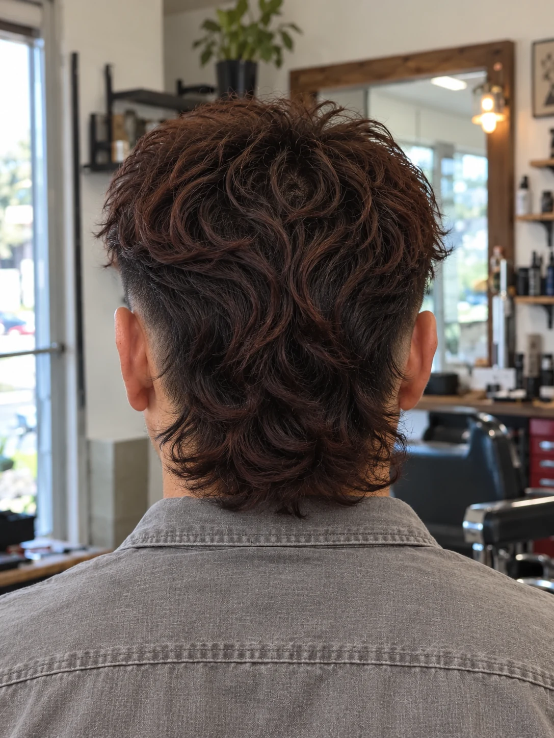 AI haircut concept: low burst fade with a wavy tail mullet, rear view.