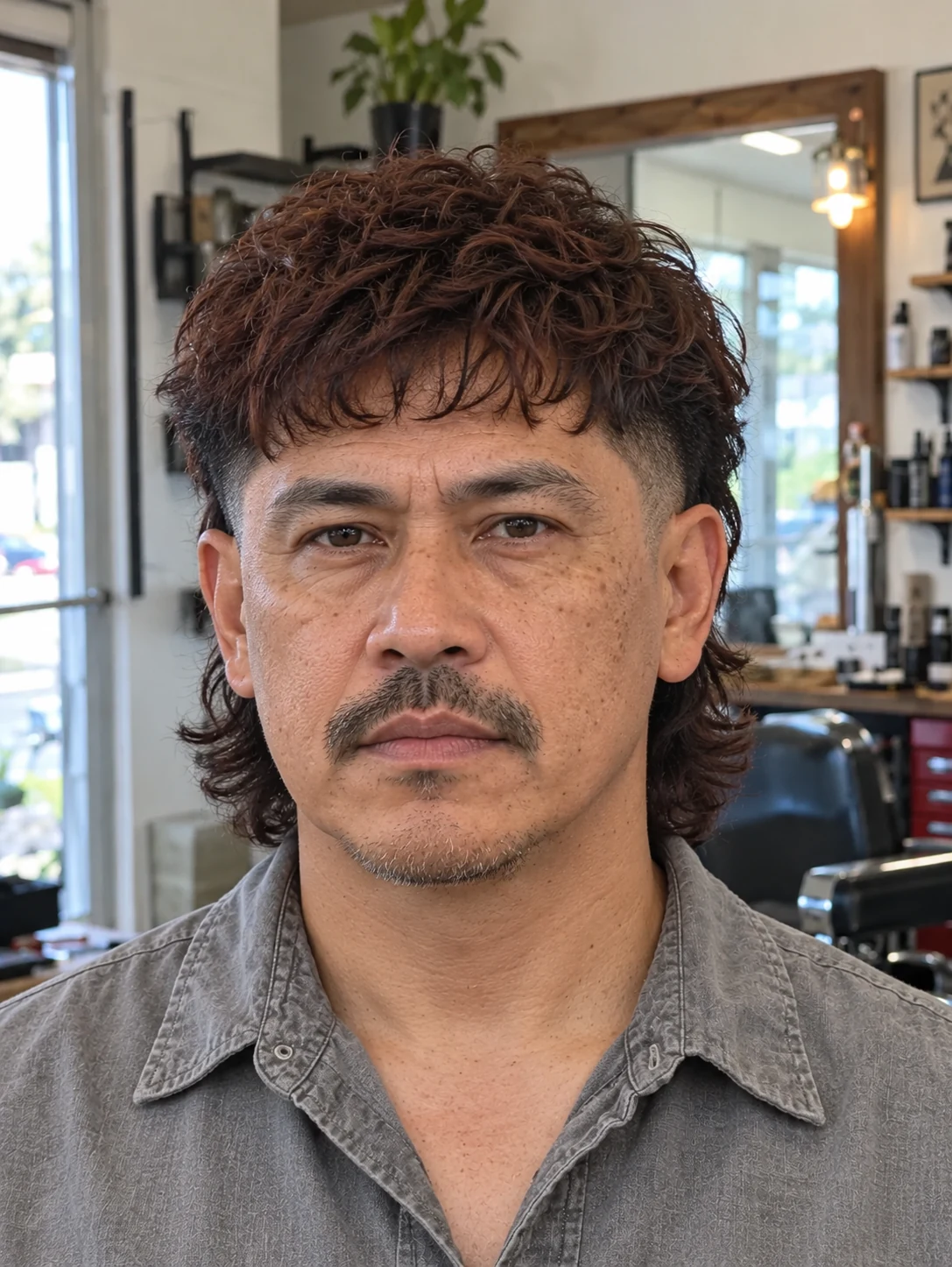 AI haircut concept: low burst fade with a wavy tail mullet, front view.