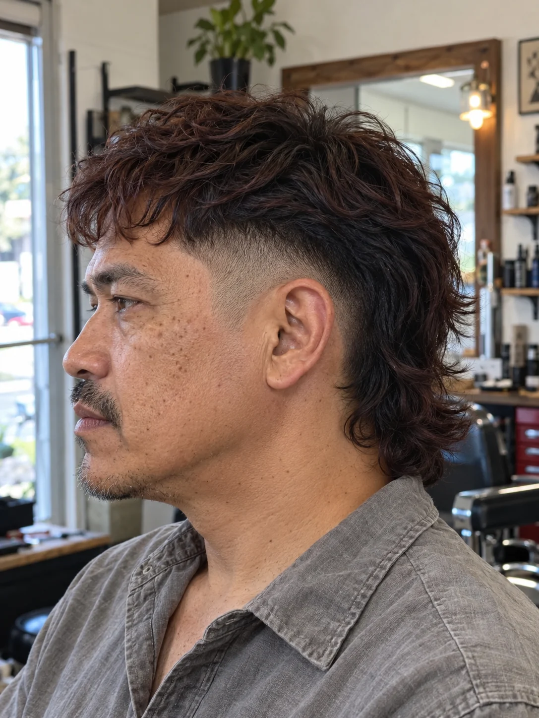 AI concept: low burst fade with a wavy tail mullet, left-side near-profile view.