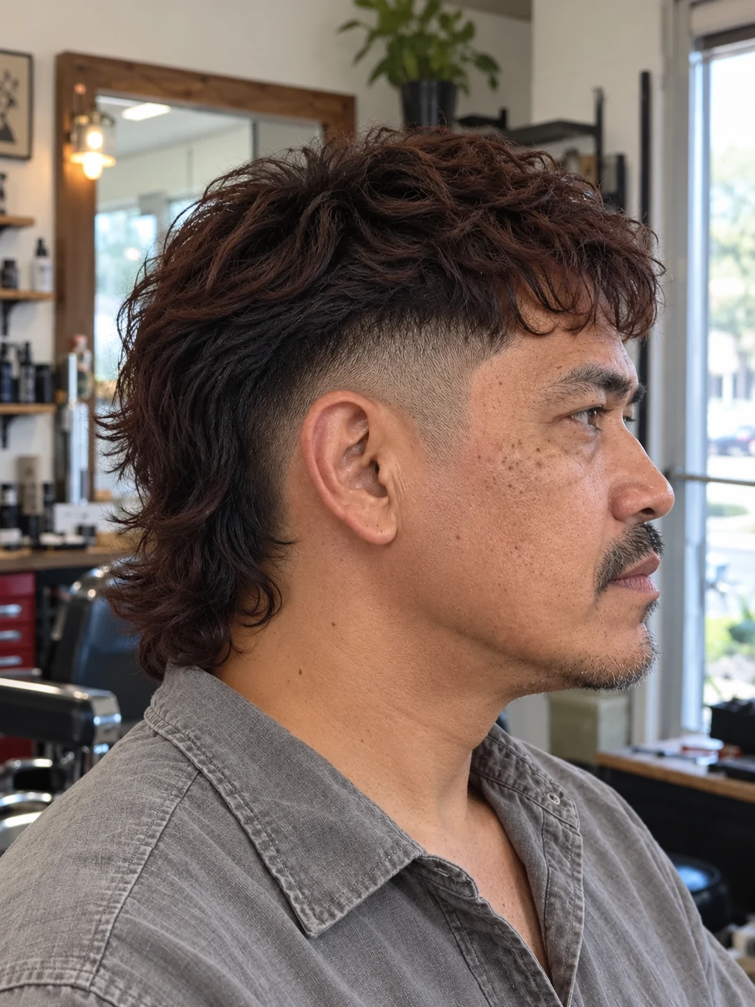 AI haircut concept: low burst fade with a wavy tail mullet, opposite-side view.