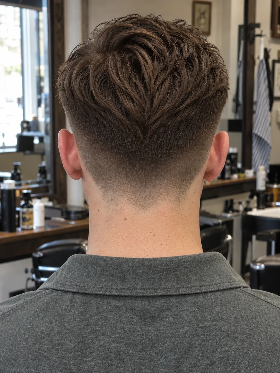 AI haircut concept: low shadow fade with a compact side sweep, rear view.