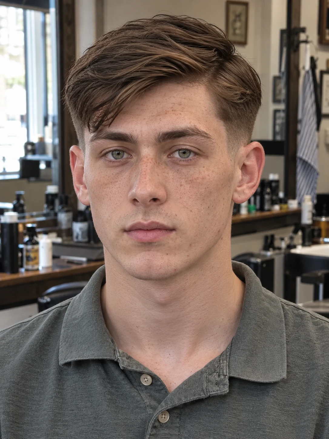 AI haircut concept: low shadow fade with a compact side sweep, front view.