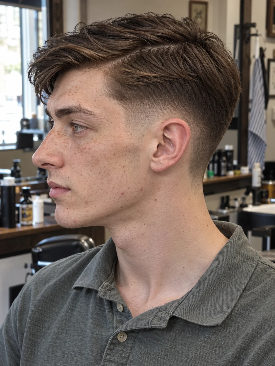 AI concept: low shadow fade with a compact side sweep, left-side near-profile view.