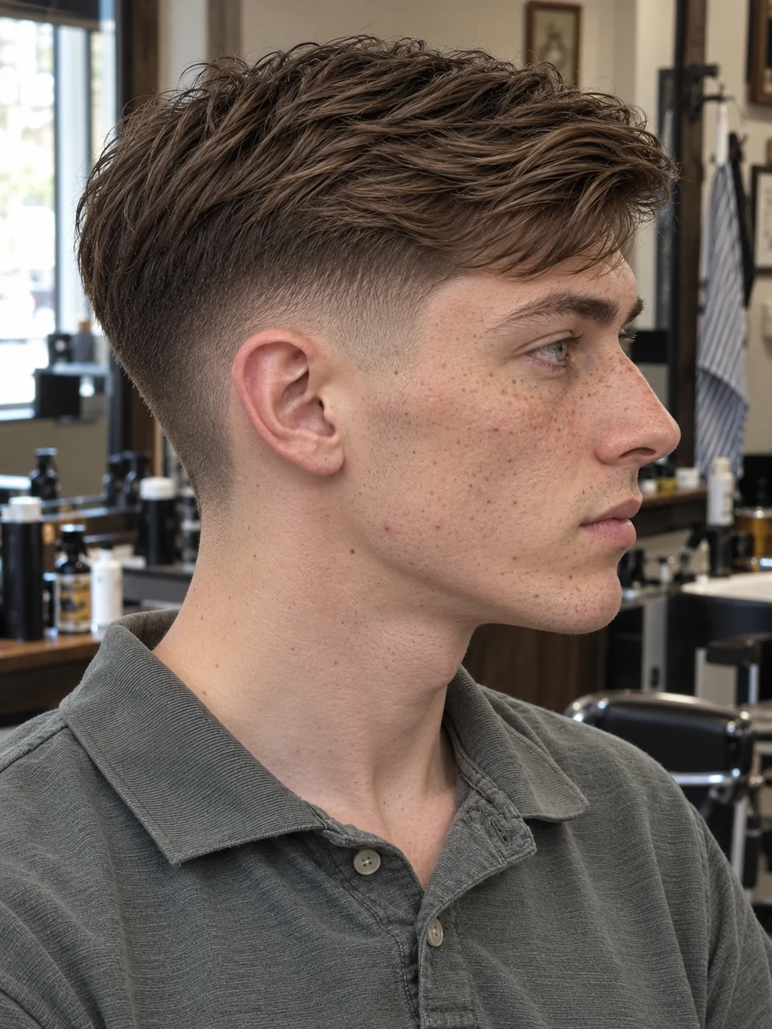 AI haircut concept: low shadow fade with a compact side sweep, opposite-side view.