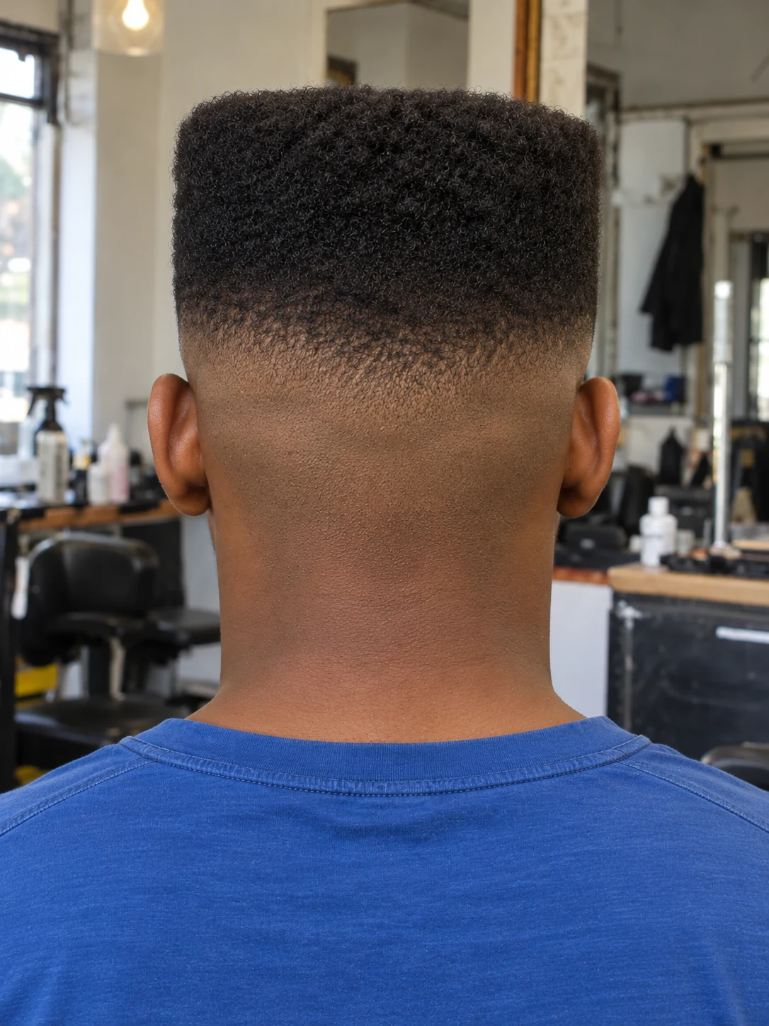 AI haircut concept: mid skin fade with a squared flat top, rear view.
