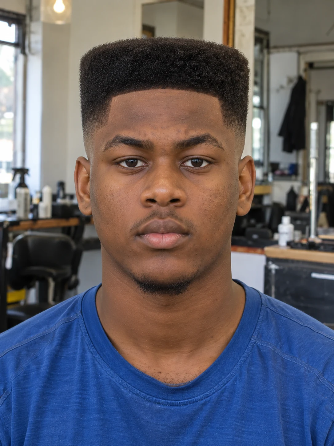 AI haircut concept: mid skin fade with a squared flat top, front view.