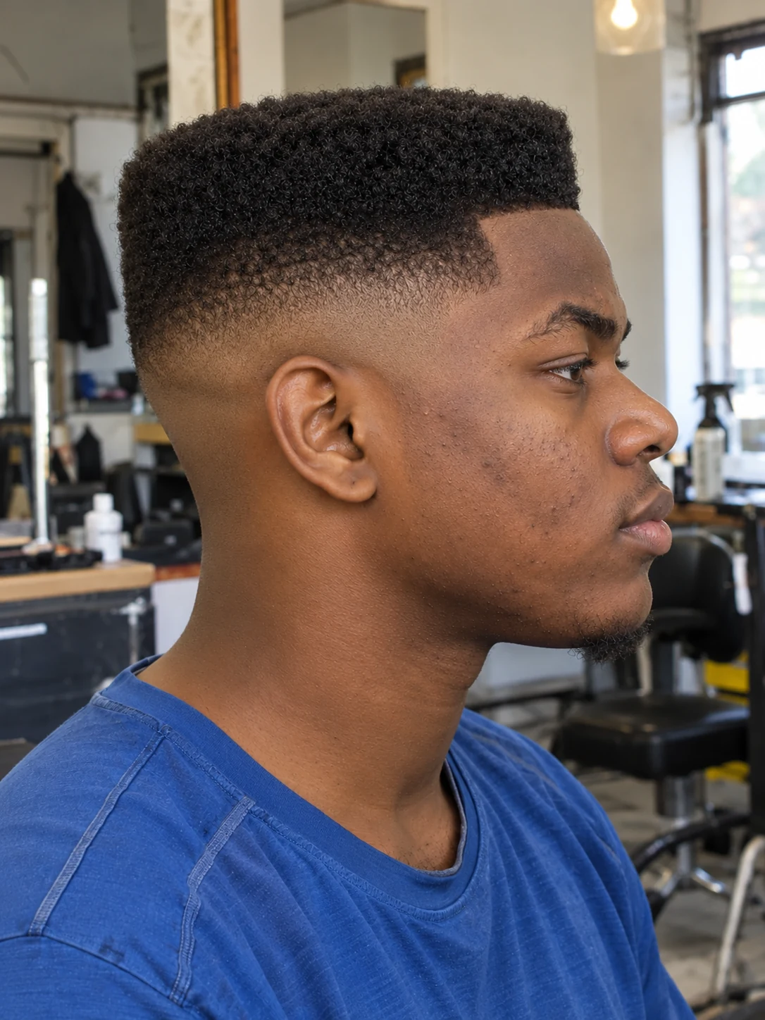 AI haircut concept: mid skin fade with a squared flat top, opposite-side view.