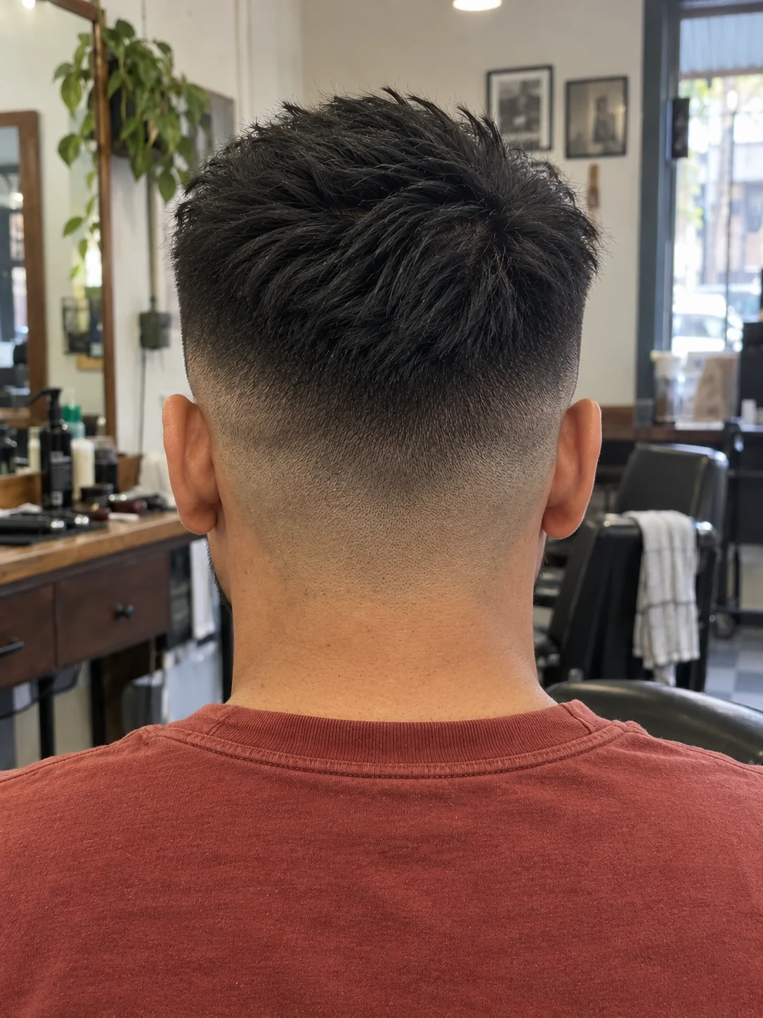 AI haircut concept: high shadow fade with a diagonal brush-up, rear view.