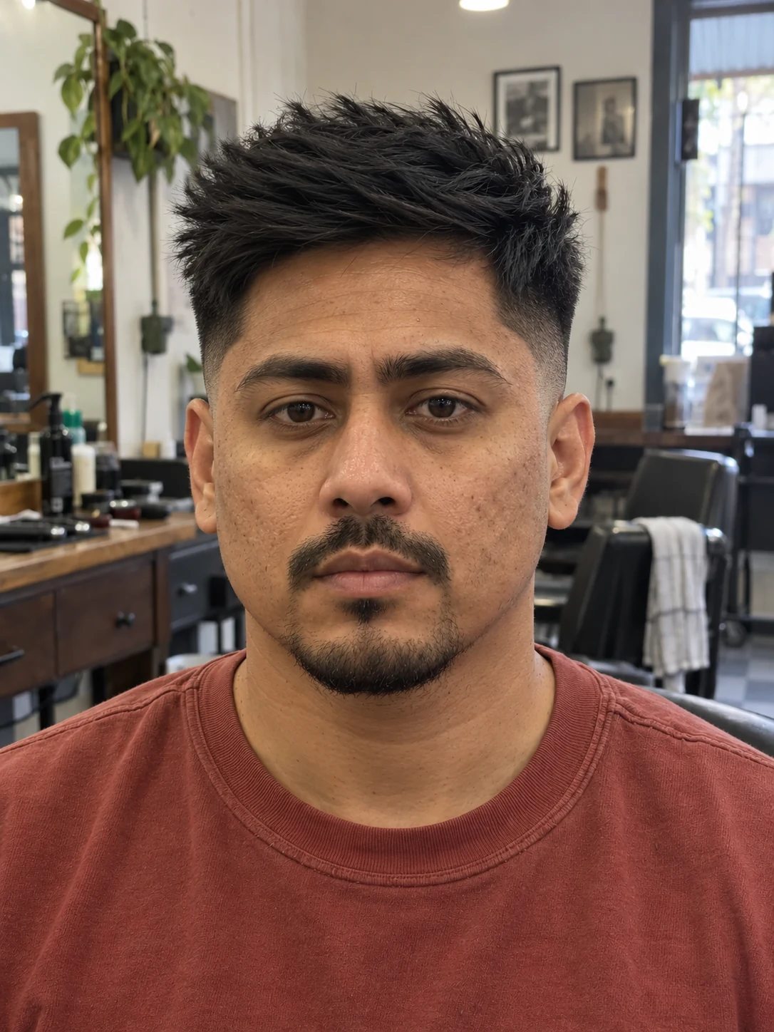 AI haircut concept: high shadow fade with a diagonal brush-up, front view.
