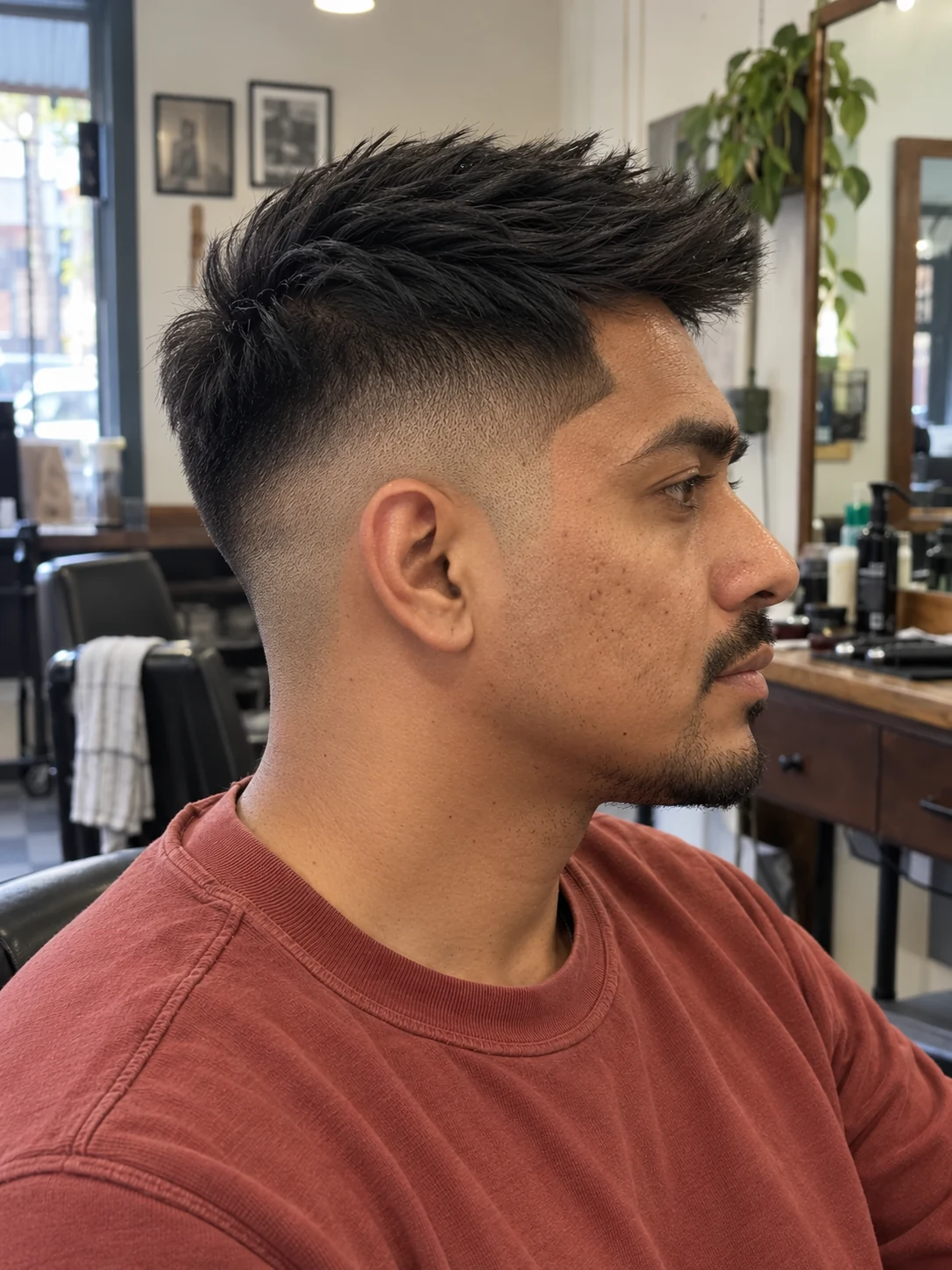 AI haircut concept: high shadow fade with a diagonal brush-up, opposite-side view.