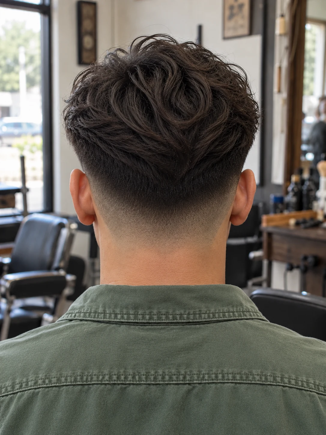 AI haircut concept: low skin fade with a long curved side fringe, rear view.