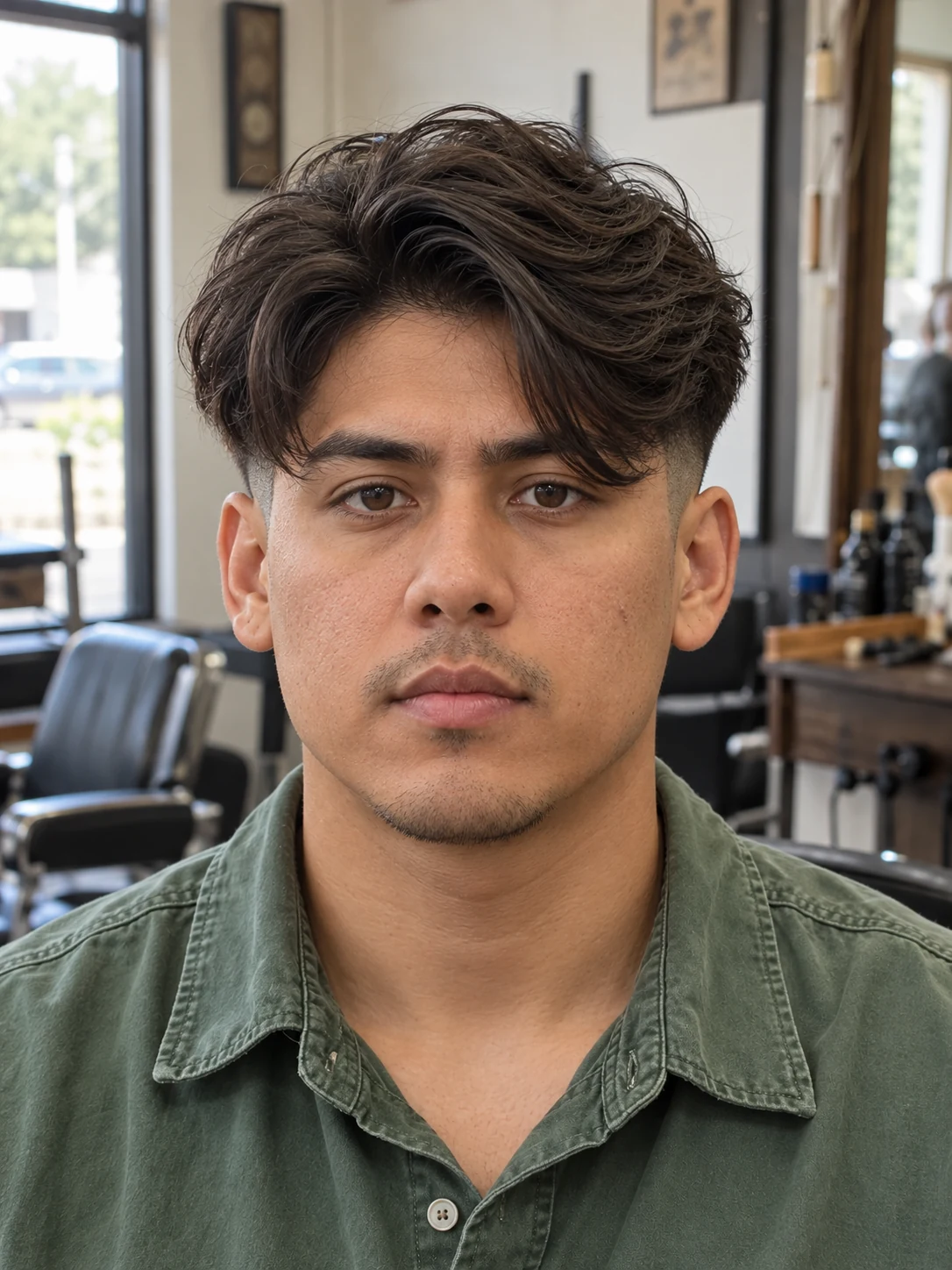 AI haircut concept: low skin fade with a long curved side fringe, front view.