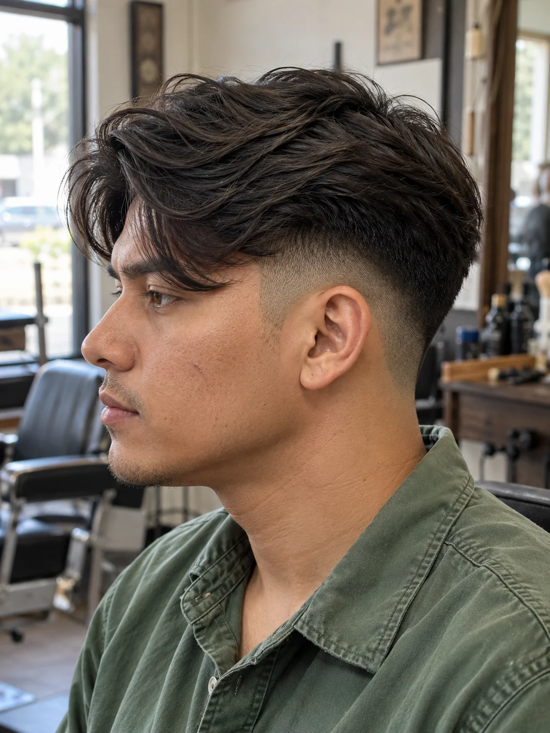 AI concept: low skin fade with a long curved side fringe, left-side near-profile view.