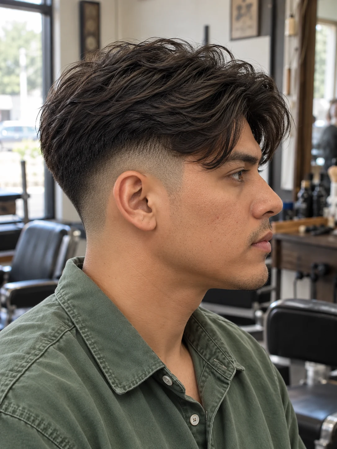 AI haircut concept: low skin fade with a long curved side fringe, opposite-side view.