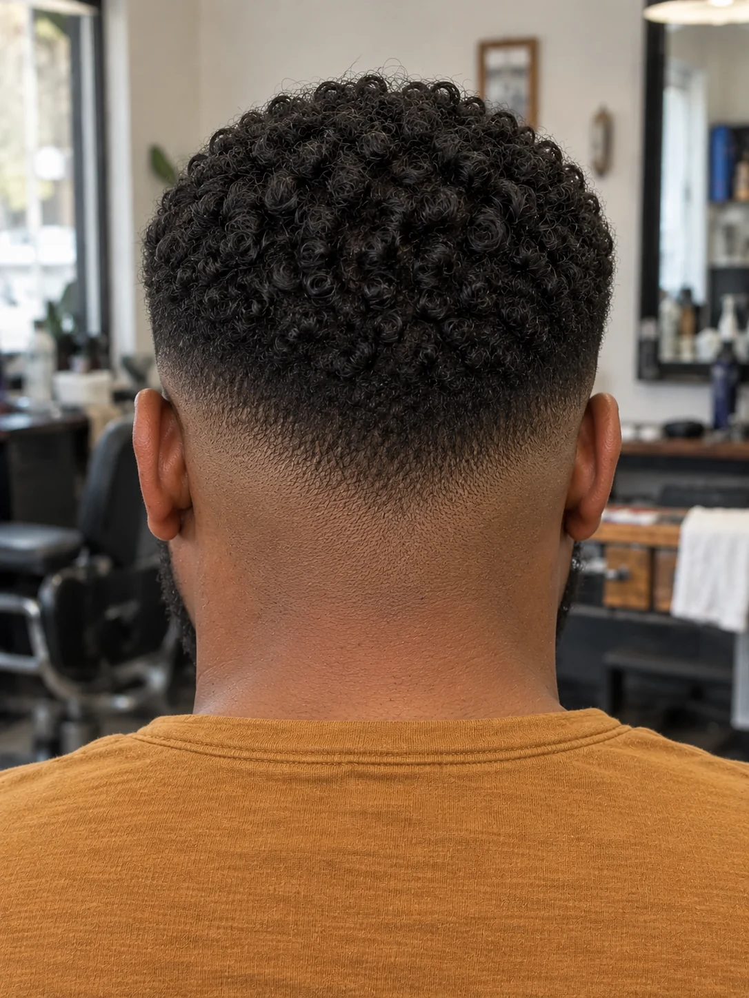 AI haircut concept: mid drop fade with a short curly french crop, rear view.