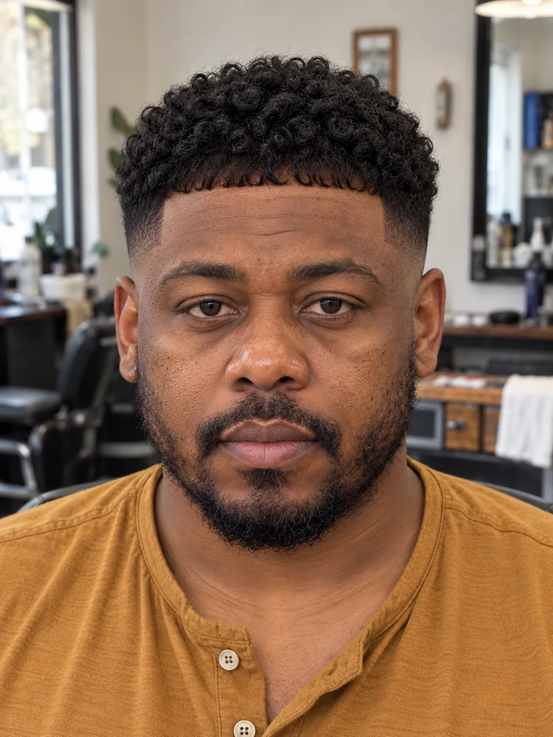 AI haircut concept: mid drop fade with a short curly french crop, front view.