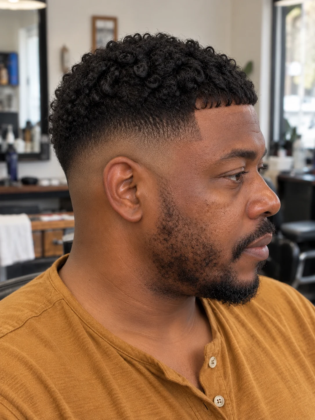 AI haircut concept: mid drop fade with a short curly french crop, opposite-side view.
