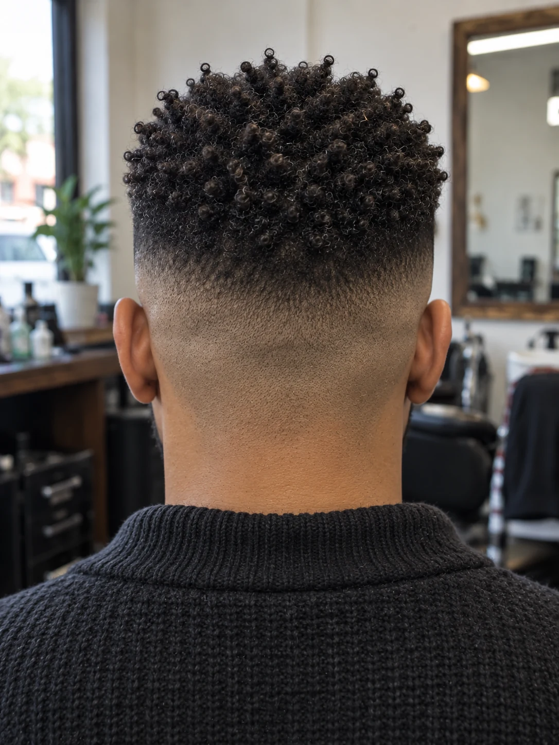 AI haircut concept: high skin fade with a short sponge-coil top, rear view.