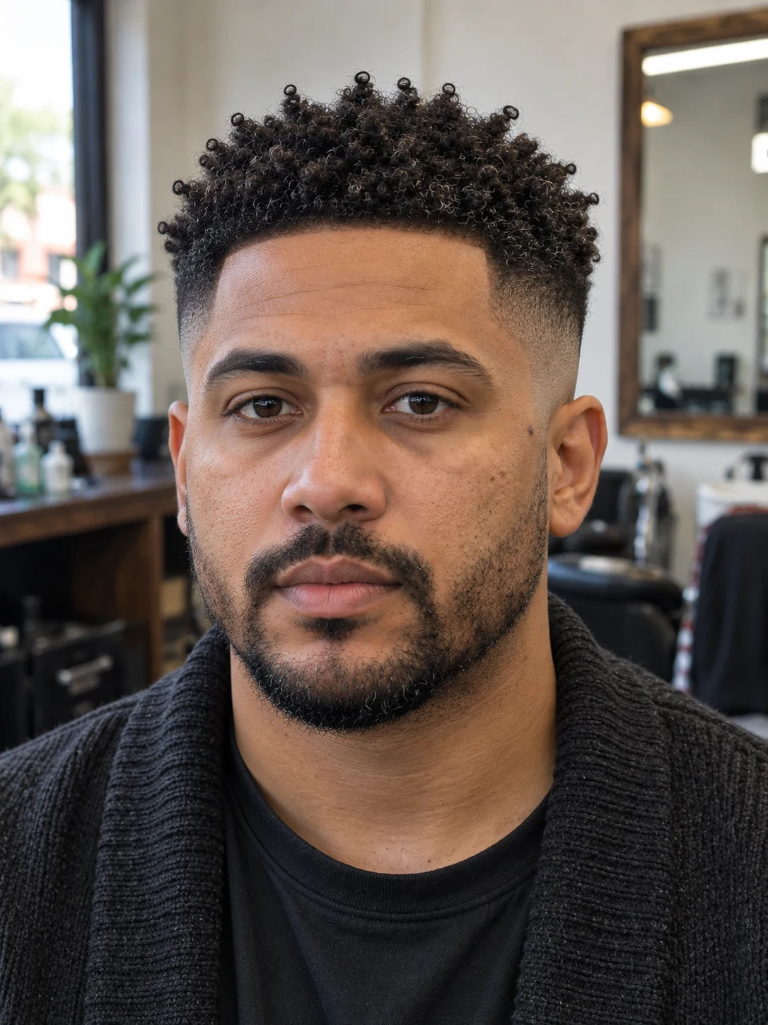 AI haircut concept: high skin fade with a short sponge-coil top, front view.