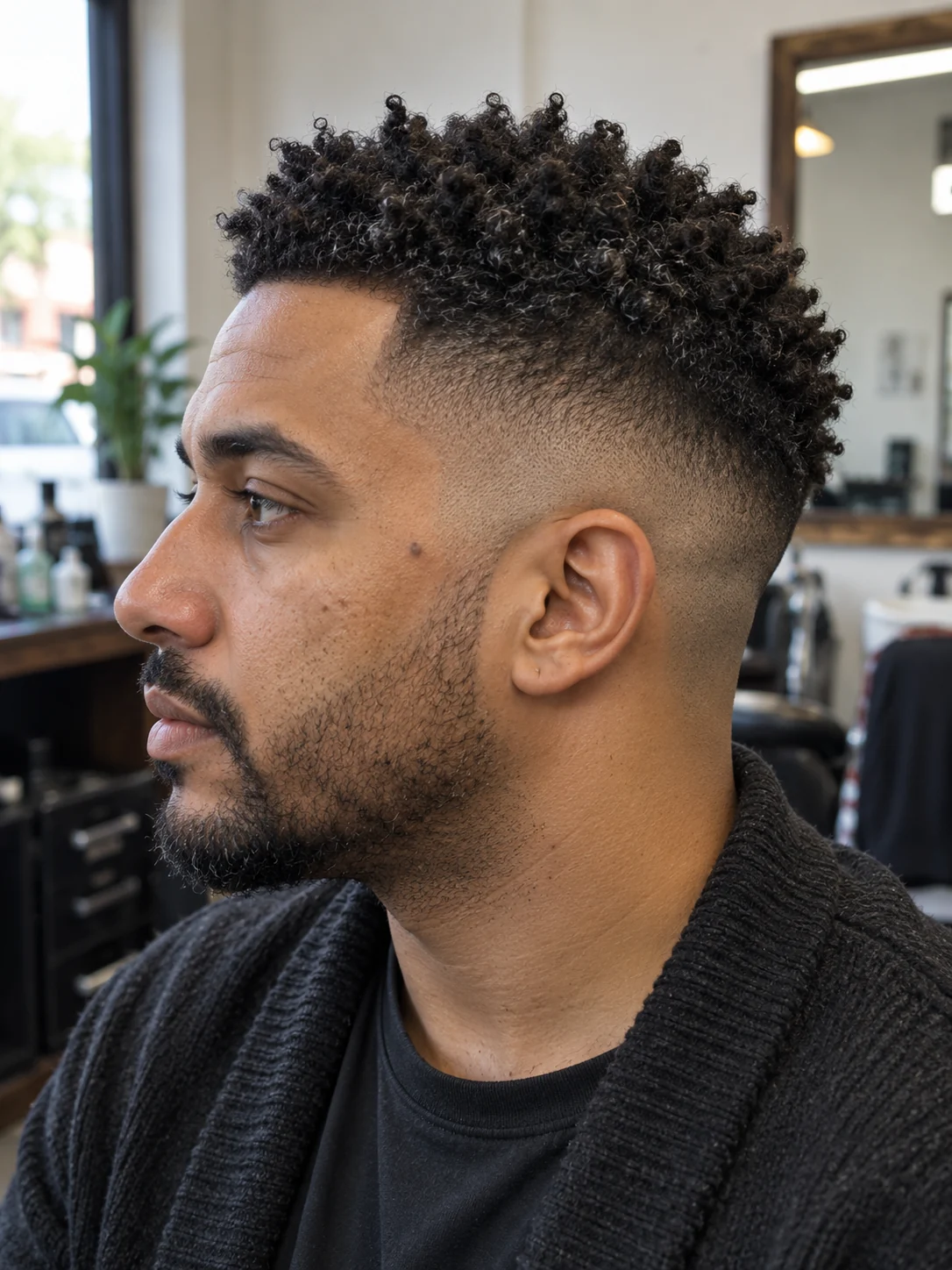 AI concept: high skin fade with a short sponge-coil top, left-side near-profile view.