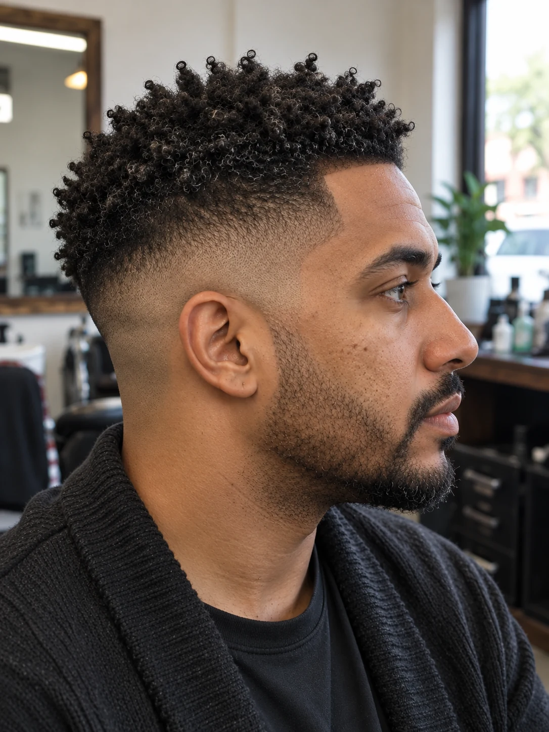 AI haircut concept: high skin fade with a short sponge-coil top, opposite-side view.