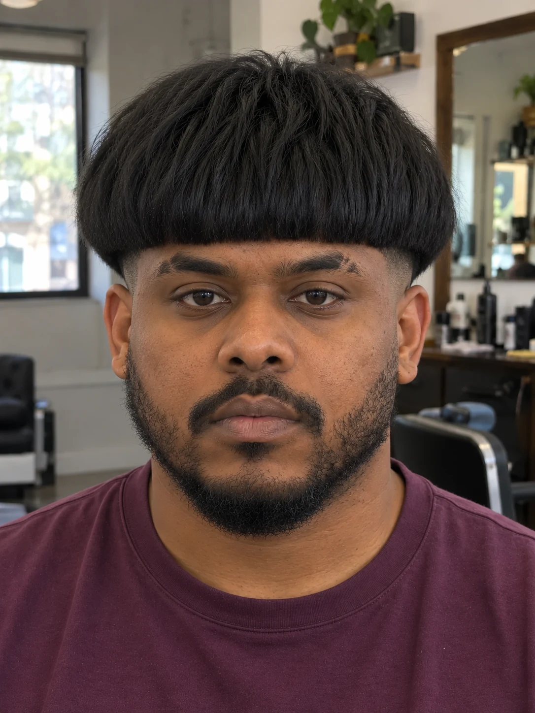 AI haircut concept: low drop fade with a heavy bowl fringe, front view.