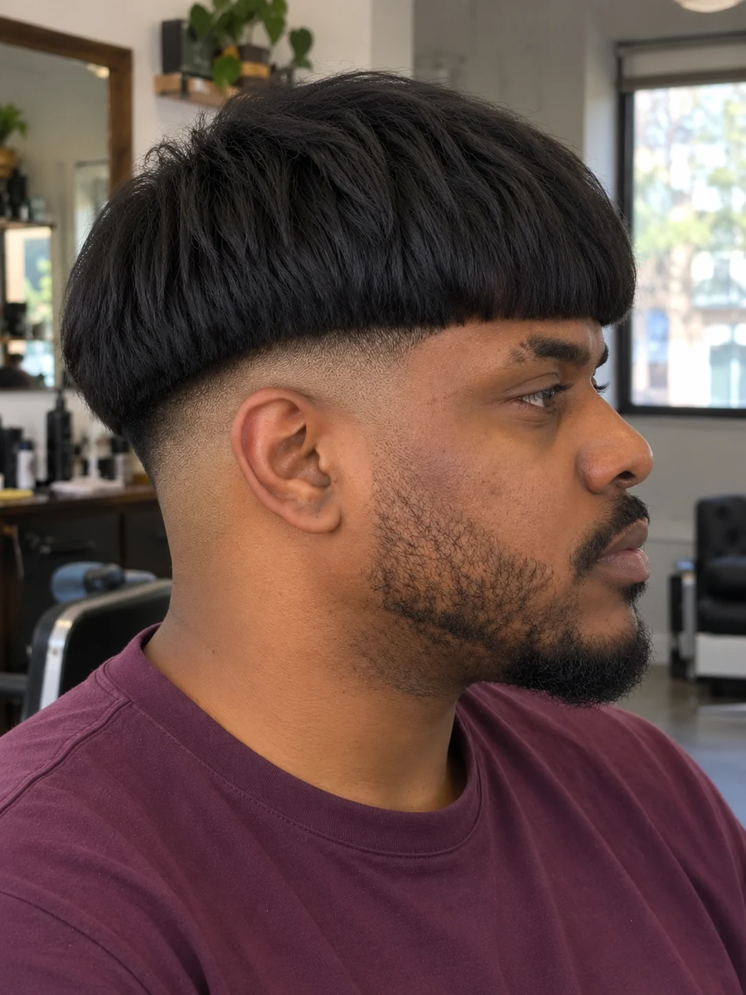 AI haircut concept: low drop fade with a heavy bowl fringe, opposite-side view.