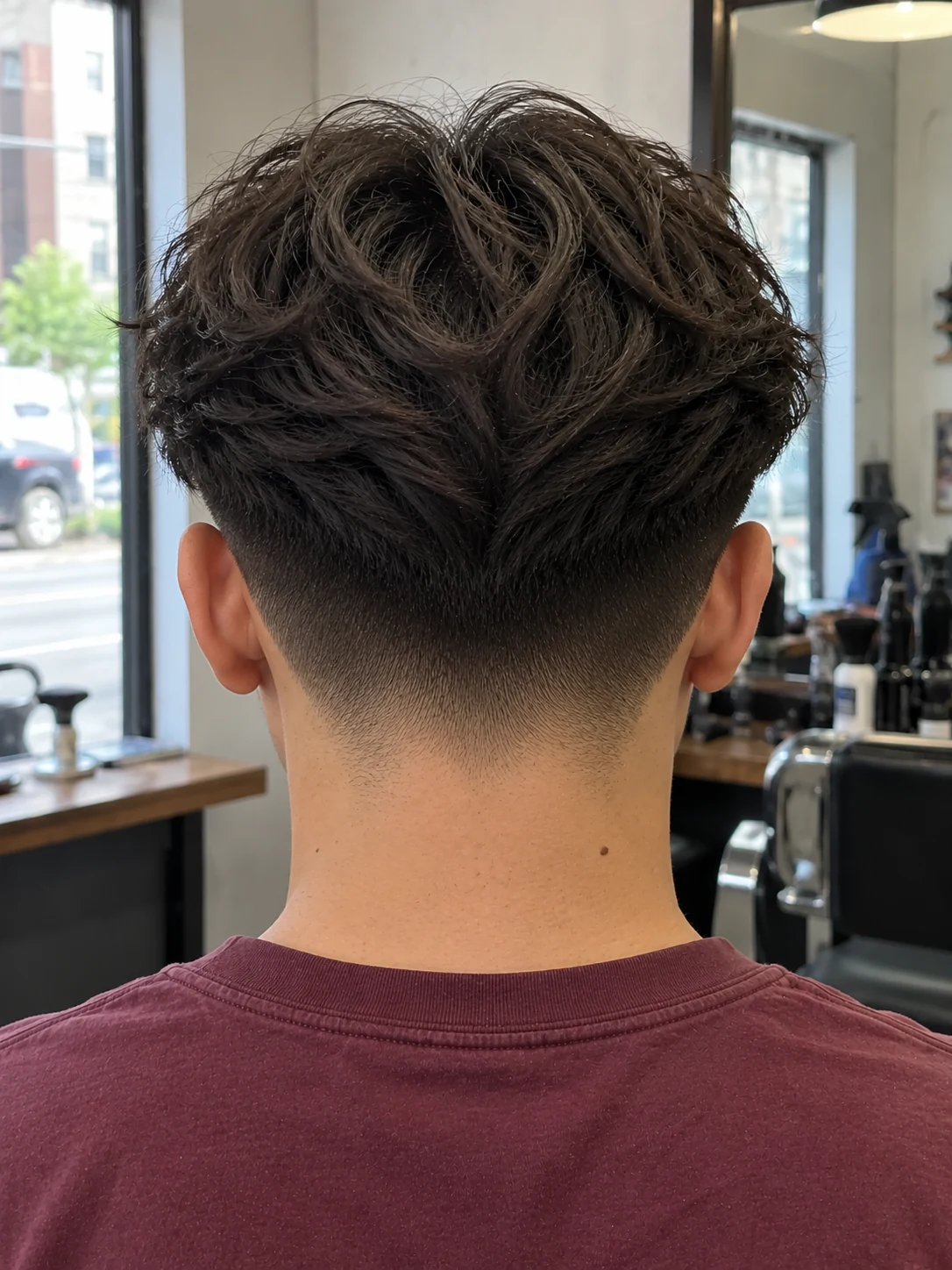 AI haircut concept: mid shadow fade with split curtains, rear view.