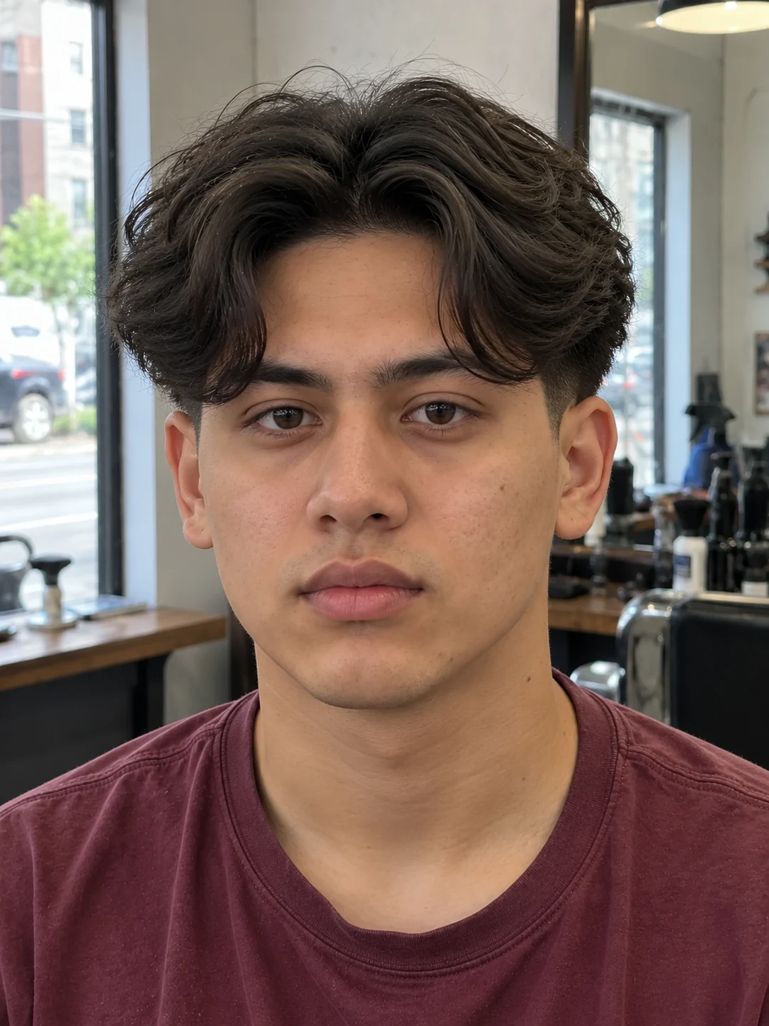 AI haircut concept: mid shadow fade with split curtains, front view.