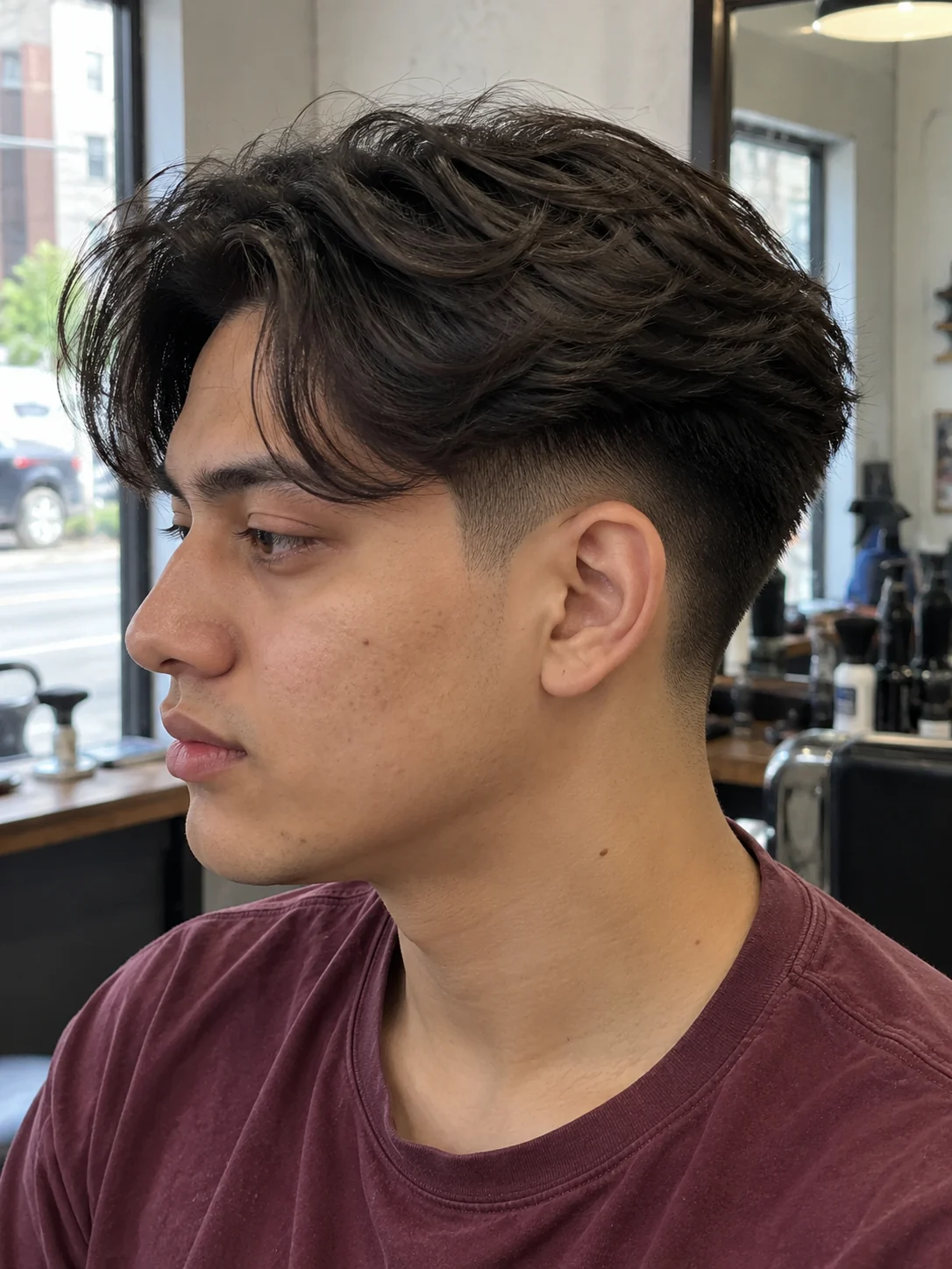 AI concept: mid shadow fade with split curtains, left-side near-profile view.
