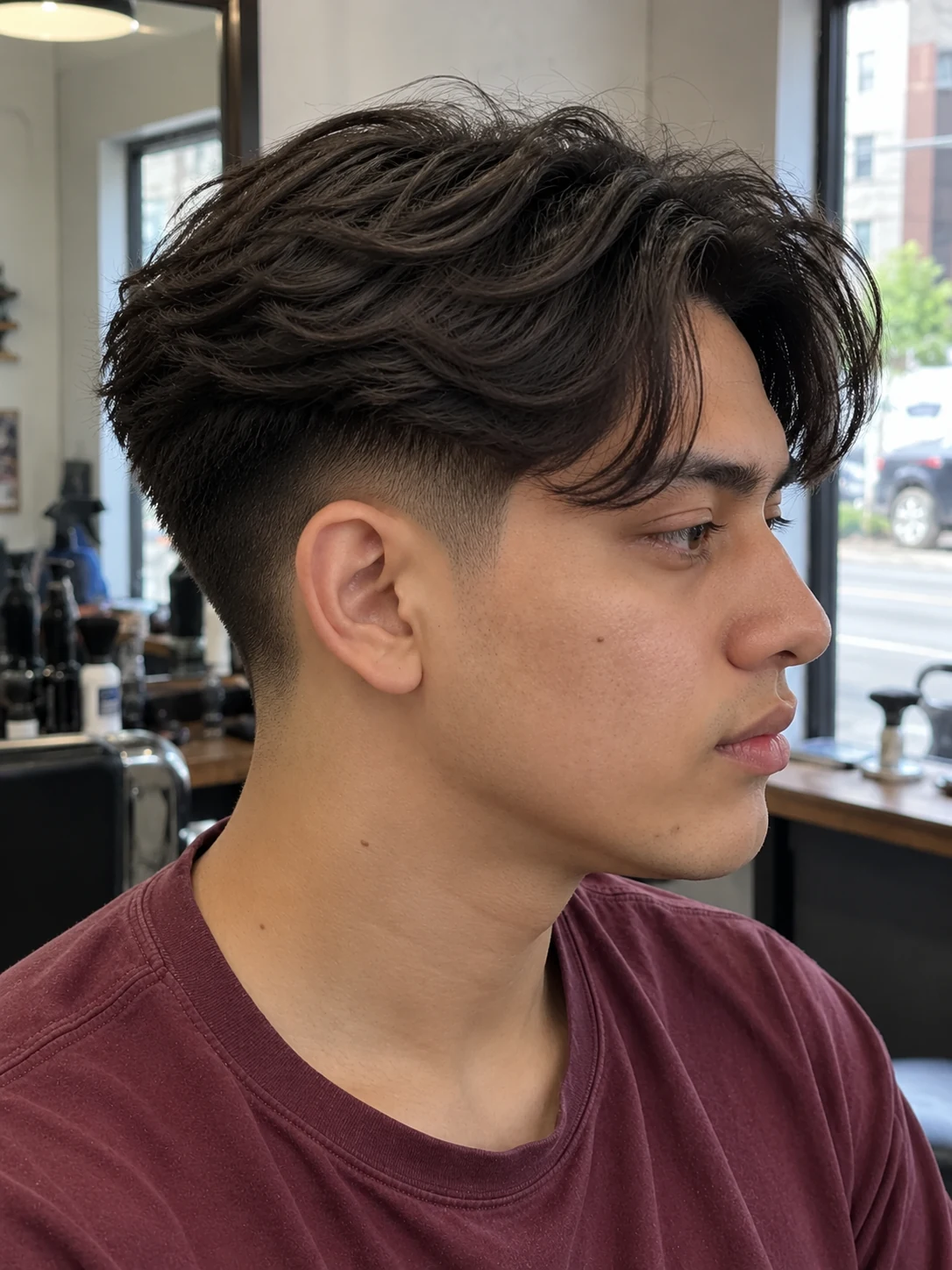 AI haircut concept: mid shadow fade with split curtains, opposite-side view.