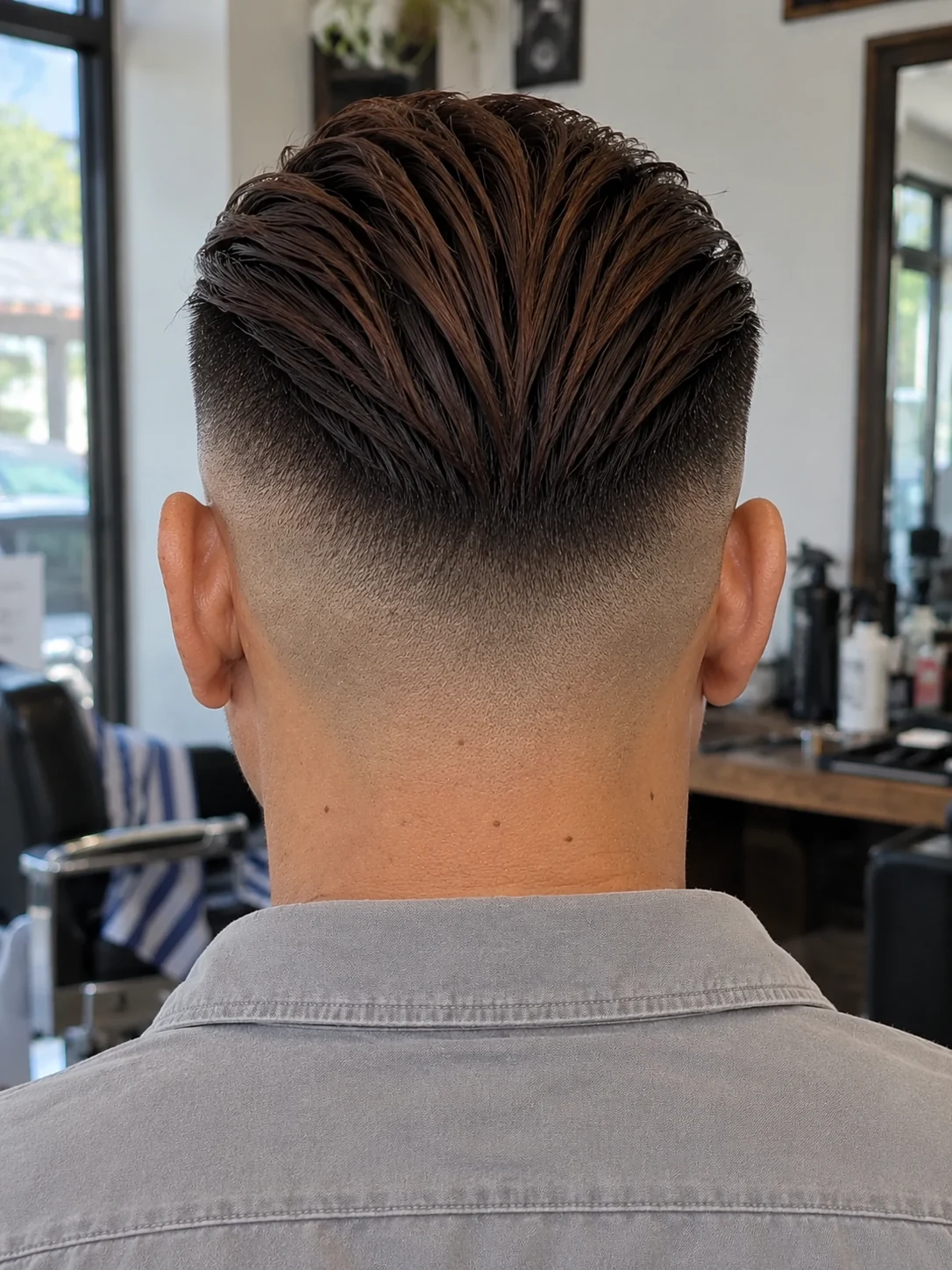 AI haircut concept: high skin fade with a narrow slicked-back ridge, rear view.