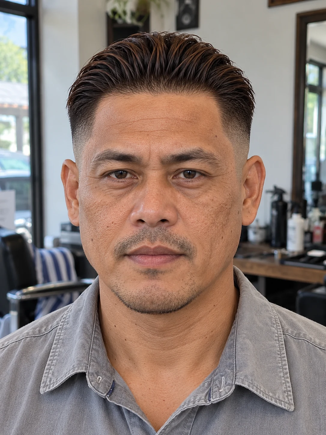 AI haircut concept: high skin fade with a narrow slicked-back ridge, front view.