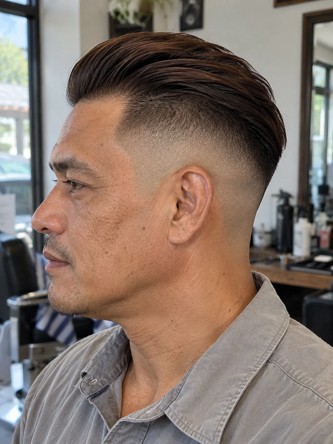 AI concept: high skin fade with a narrow slicked-back ridge, left-side near-profile view.