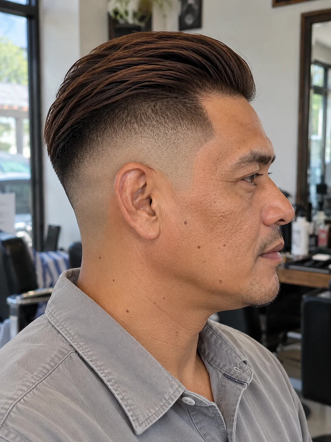 AI haircut concept: high skin fade with a narrow slicked-back ridge, opposite-side view.
