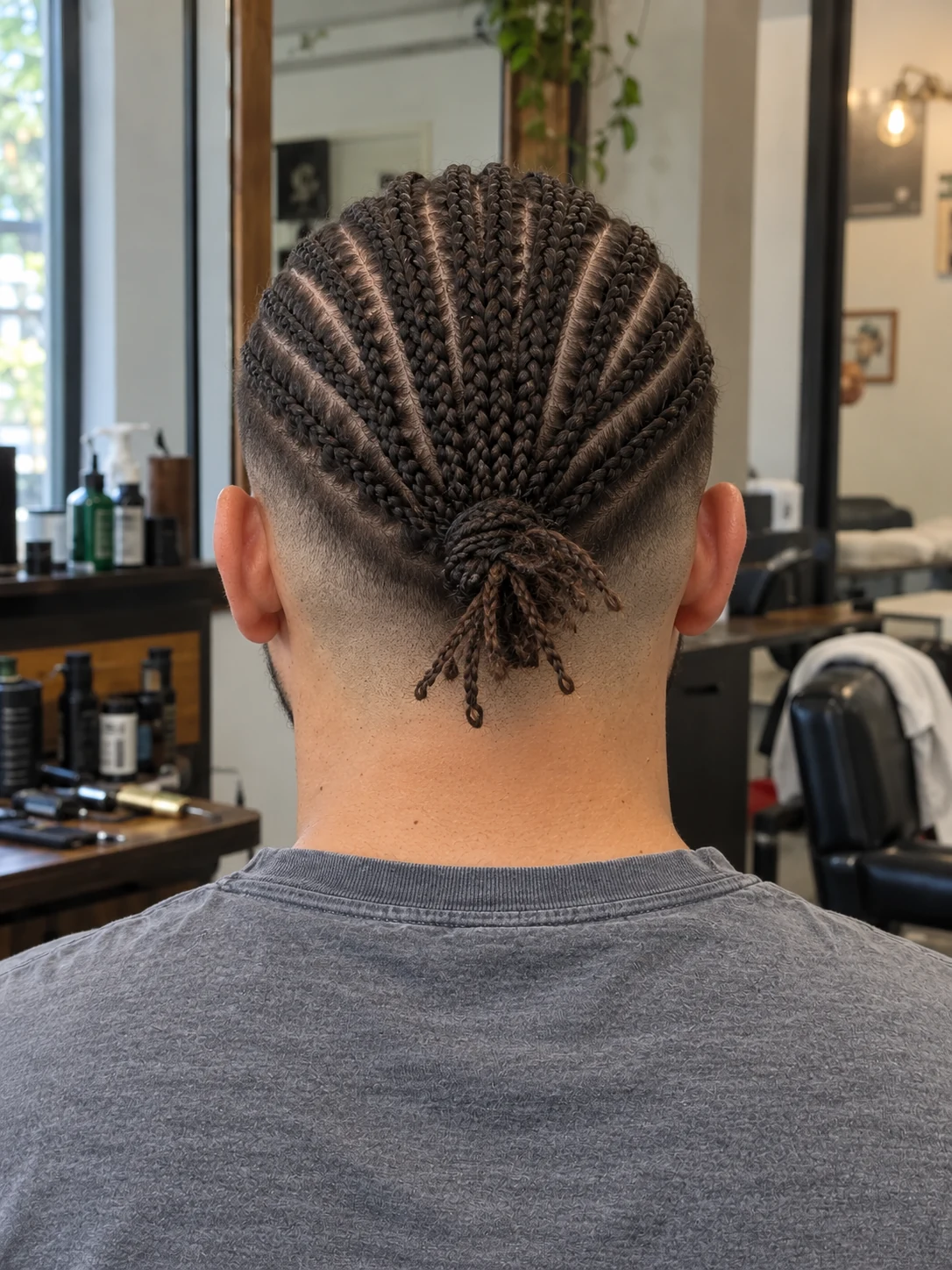 AI haircut concept: low burst fade with tied microbraids, rear view.